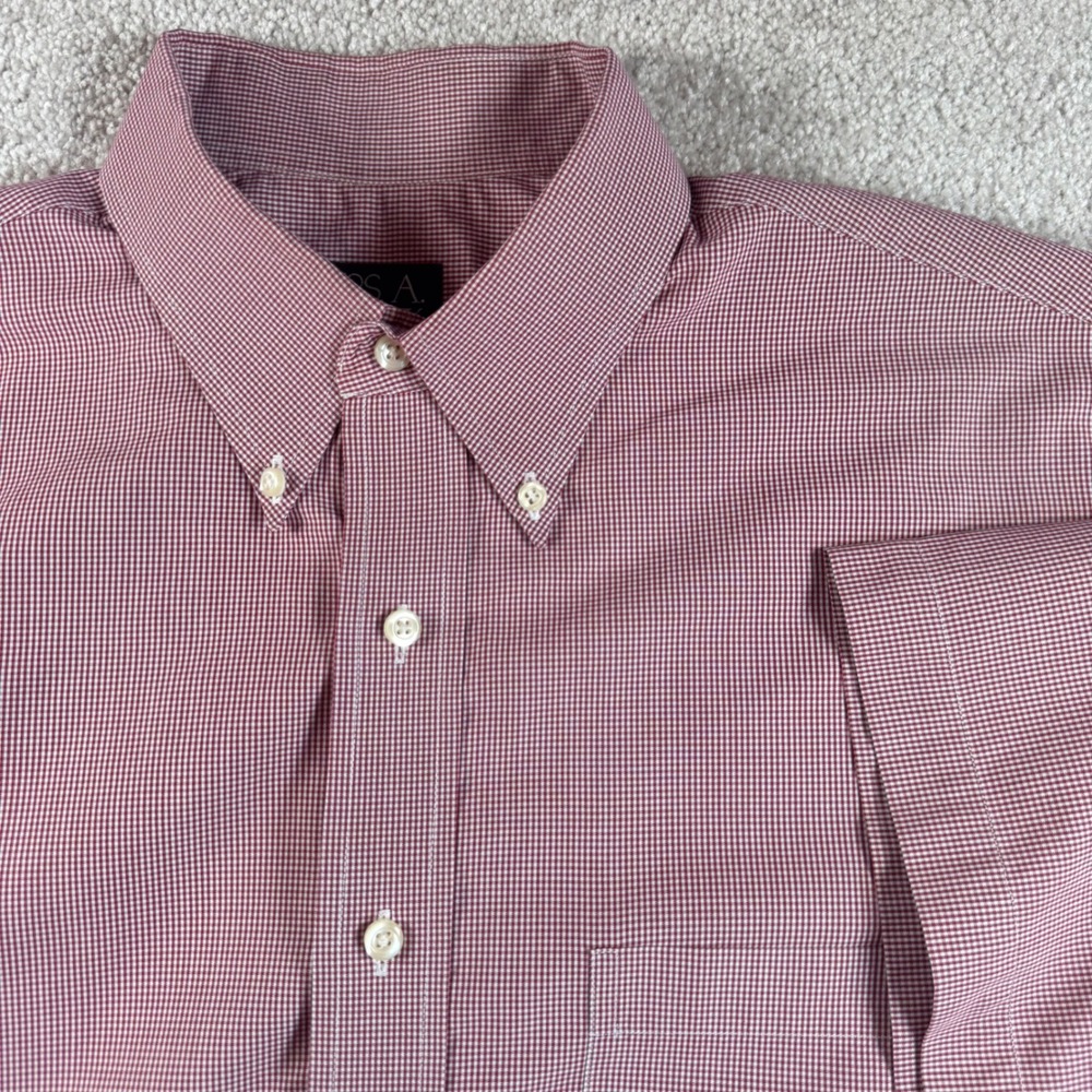Jos A Bank Mens Large Traveler Collection Red Gingham Short Sleeve Button Shirt